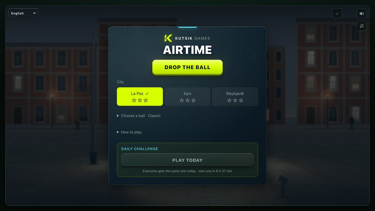 قائمة Airtime: اختر المدينة — لاباز أو كييف أو ريكيافيك — والكرة
