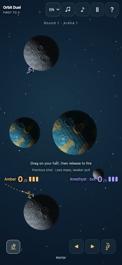 Orbit Duel: перший раунд проти бота, між роботами три планети
