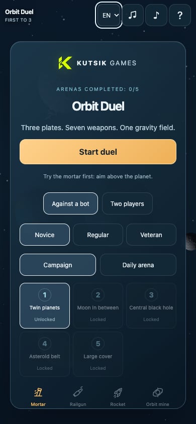 Orbit Duel: головне меню з режимами, складністю й п’ятьма аренами кампанії