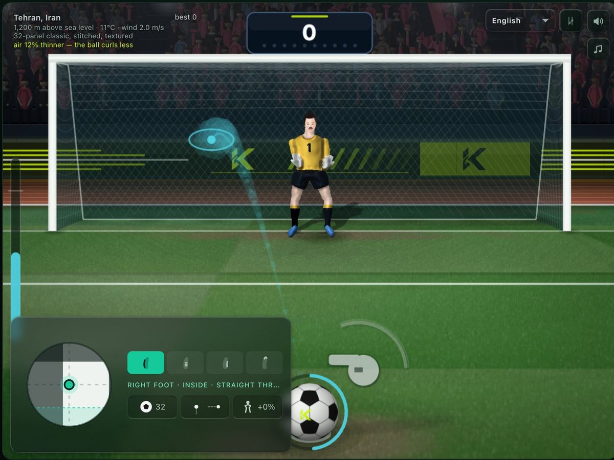 Mirare un rigore in Spot Kick: una linea tratteggiata mostra la traiettoria verso l’angolo alto